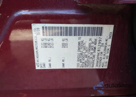 2010 Nissan Maxima 3.5 Sv from USA, damaged, VIN 1N4AA5AP4AC812997
